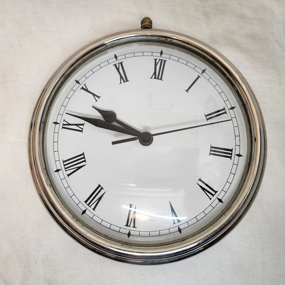 Pottery Barn Heavy Silver Toned (Missing Ring) Coin Turn Battery Operated Clock